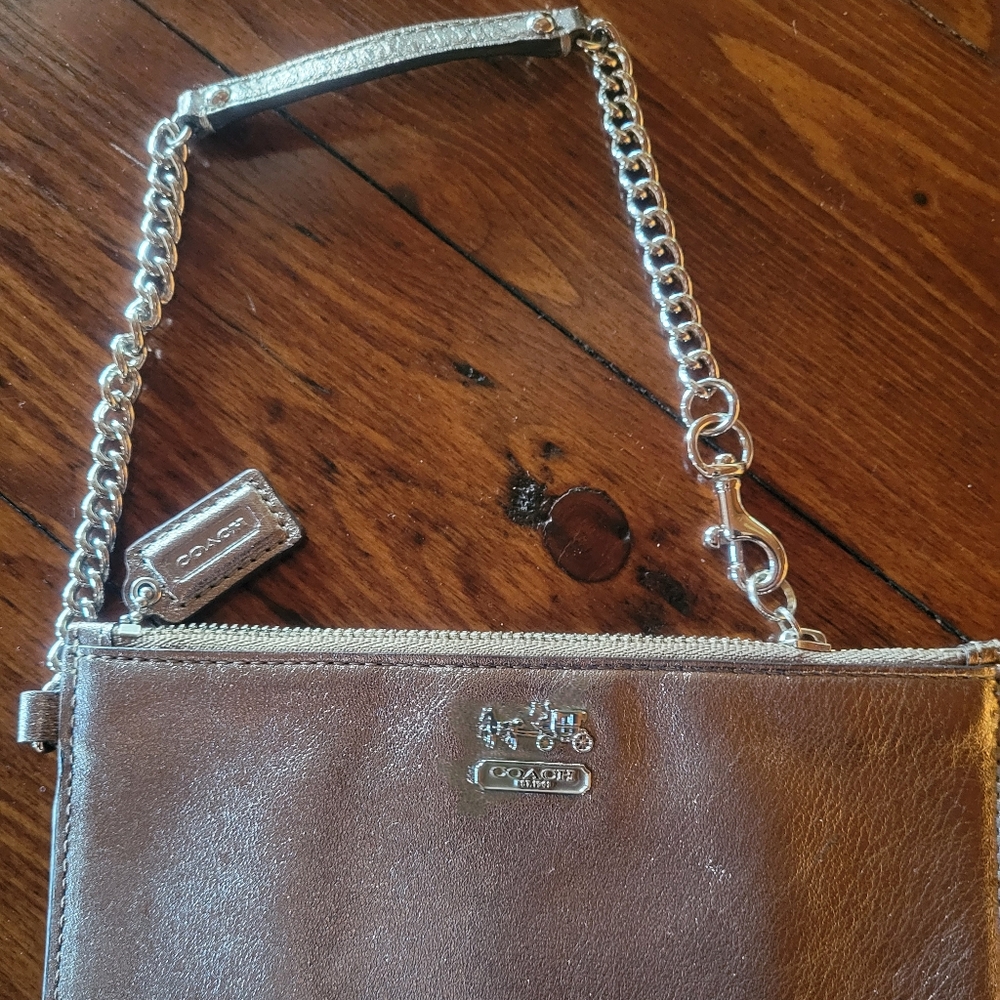 Coach Gold Leather Wristlet with Silver Chain. Brand New.